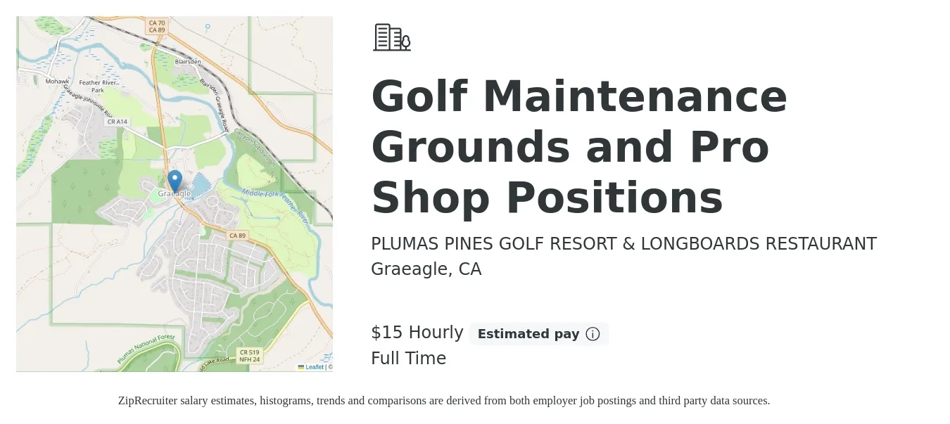 PLUMAS PINES GOLF RESORT & LONGBOARDS RESTAURANT job posting for a Golf Maintenance Grounds and Pro Shop Positions in Graeagle, CA with a salary of $16 Hourly with a map of Graeagle location.