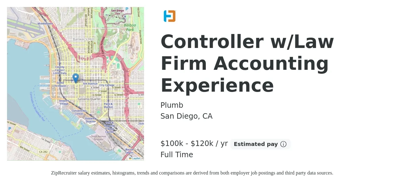 Plumb job posting for a Controller w/Law Firm Accounting Experience in San Diego, CA with a salary of $90,000 to $129,700 Yearly with a map of San Diego location.