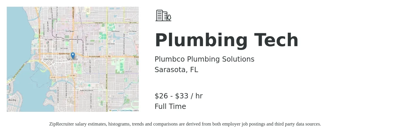 Plumbco Plumbing Solutions job posting for a Plumbing Tech in Sarasota, FL with a salary of $28 to $35 Hourly with a map of Sarasota location.