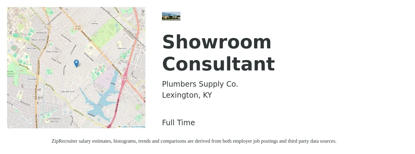 Plumbers Supply Co. job posting for a Showroom Consultant in Lexington, KY with a salary of $13 to $19 Hourly with a map of Lexington location.