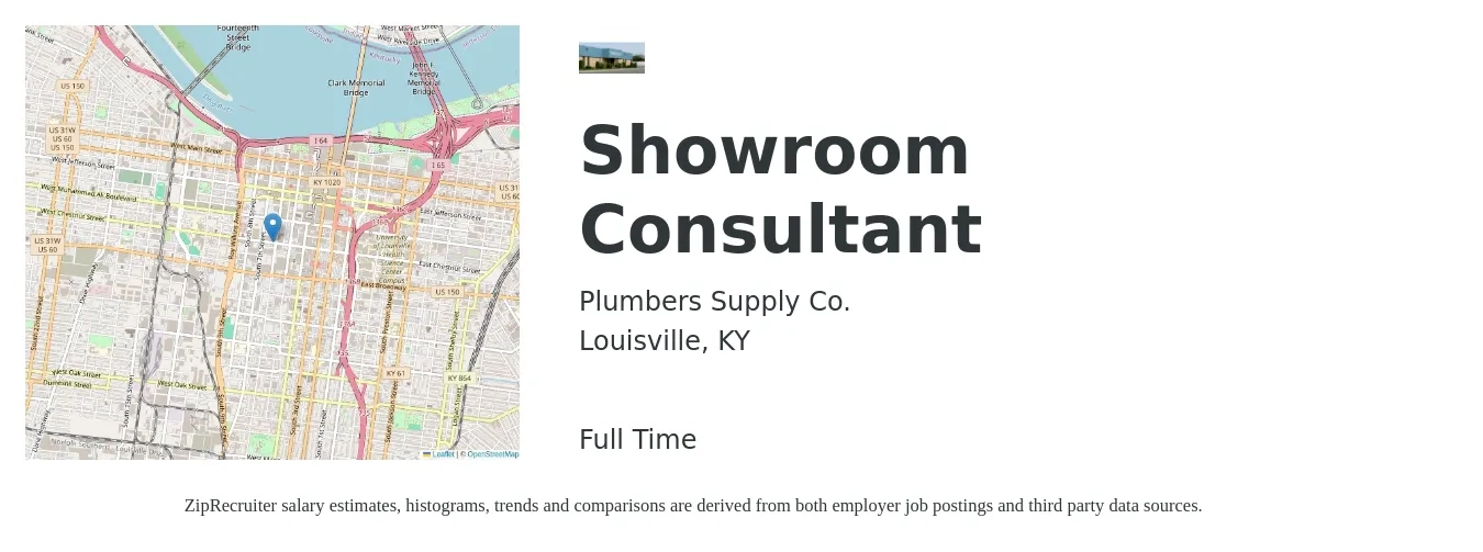 Plumbers Supply Co. job posting for a Showroom Consultant in Louisville, KY with a salary of $14 to $20 Hourly with a map of Louisville location.