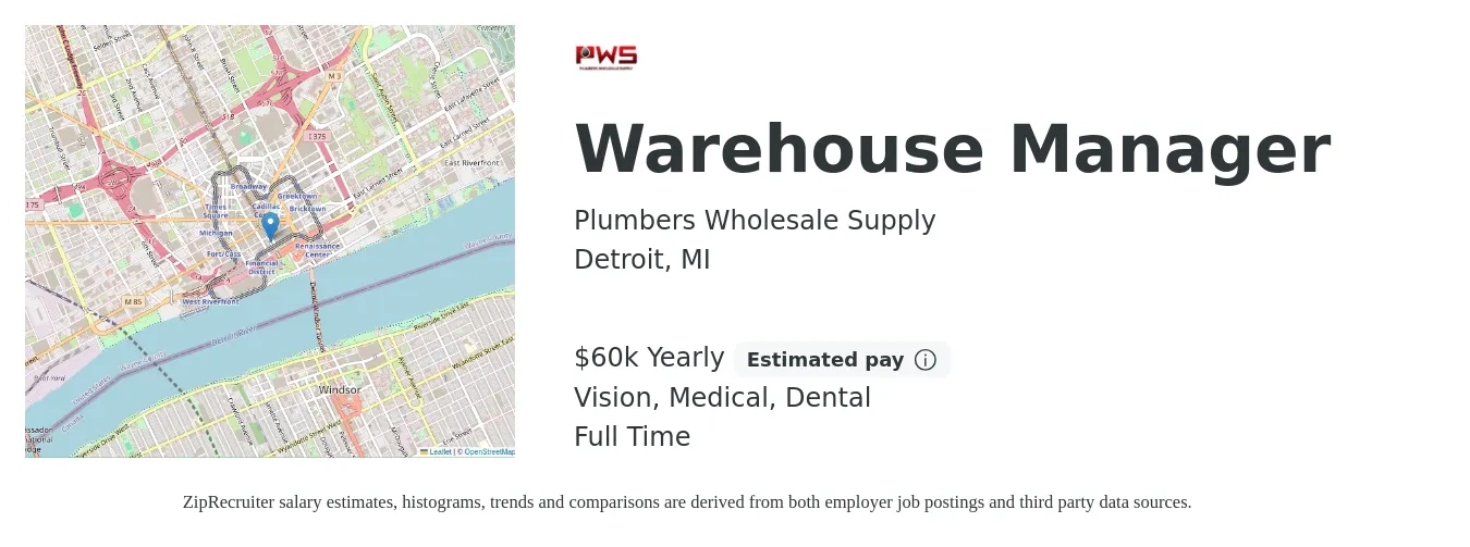 Plumbers Wholesale Supply job posting for a Warehouse Manager in Detroit, MI with a salary of $60,000 Yearly (plus commission) and benefits including vision, dental, life_insurance, medical, pto, and retirement with a map of Detroit location.