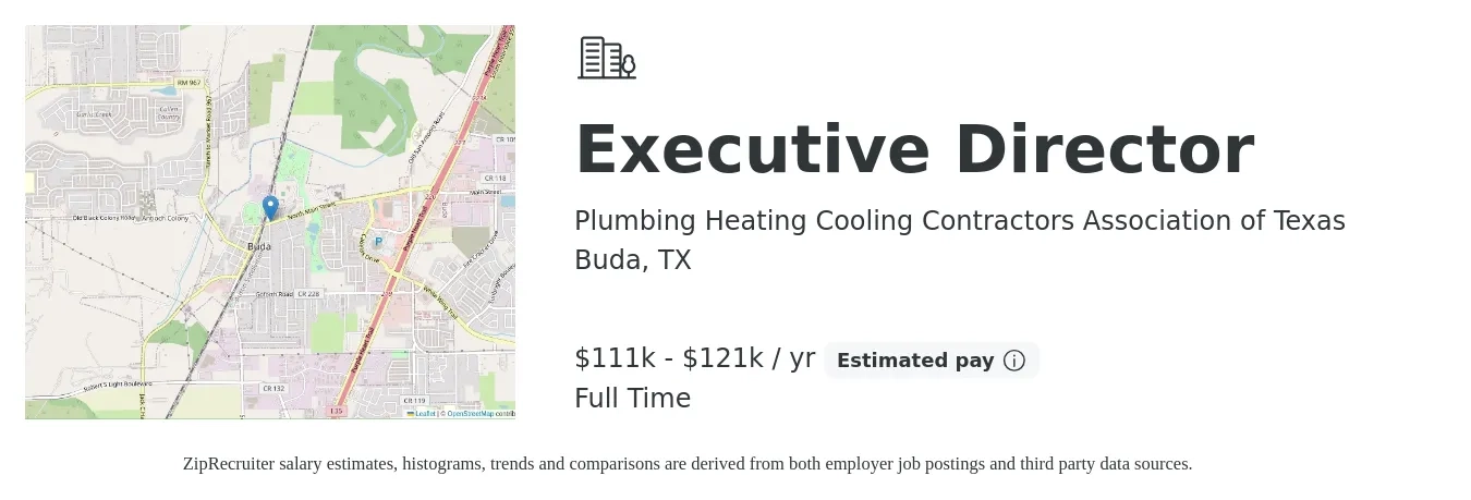 Plumbing Heating Cooling Contractors Association of Texas job posting for a Executive Director in Buda, TX with a salary of $111,000 to $121,000 Yearly with a map of Buda location.