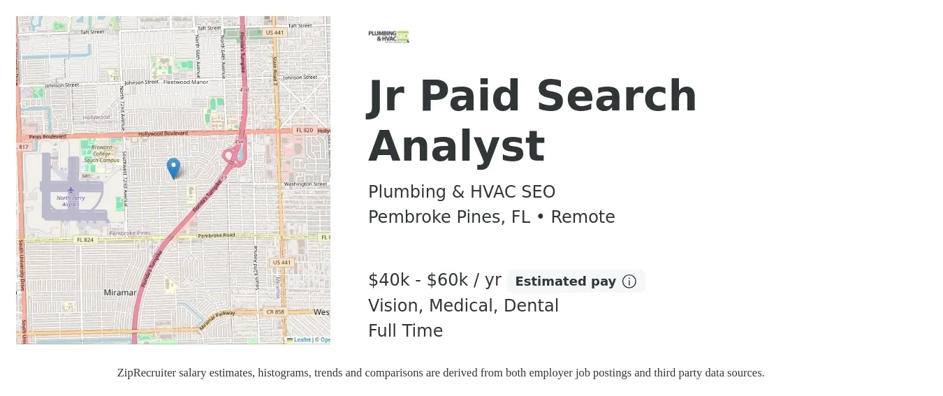Plumbing & HVAC SEO job posting for a Jr Paid Search Analyst in Pembroke Pines, FL with a salary of $50,000 to $60,000 Yearly and benefits including retirement, vision, dental, life_insurance, medical, and pto with a map of Pembroke Pines location.