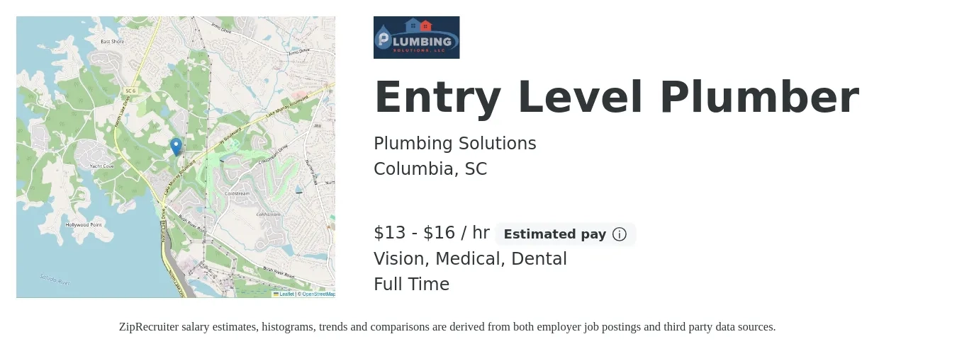 Plumbing Solutions job posting for a Entry Level Plumber in Columbia, SC with a salary of $14 to $17 Hourly and benefits including vision, dental, life_insurance, medical, and retirement with a map of Columbia location.