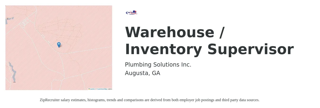 Plumbing Solutions Inc. job posting for a Warehouse / Inventory Supervisor in Augusta, GA with a salary of $43,700 to $62,000 Yearly with a map of Augusta location.