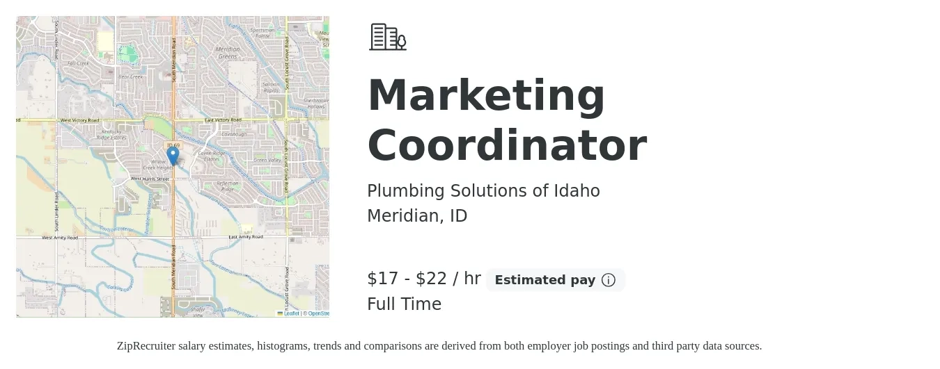 Plumbing Solutions of Idaho job posting for a Marketing Coordinator in Meridian, ID with a salary of $18 to $23 Hourly with a map of Meridian location.