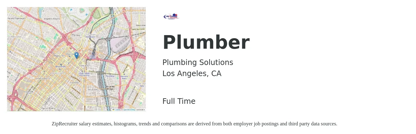 Plumbing Solutions job posting for a Plumber in Los Angeles, CA with a salary of $27 to $39 Hourly with a map of Los Angeles location.
