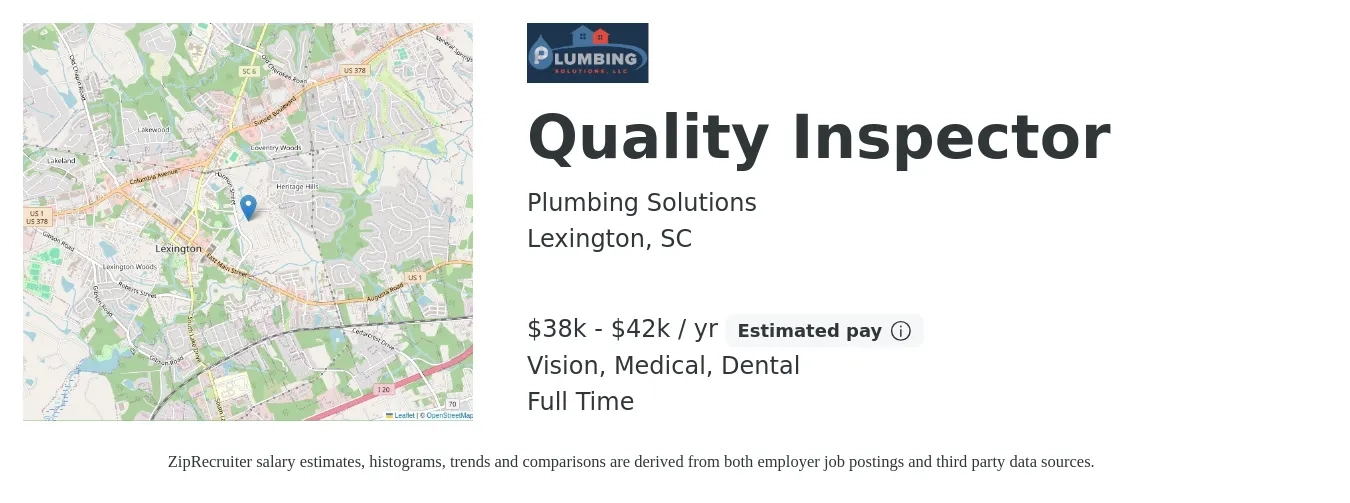 Plumbing Solutions job posting for a Quality Inspector in Lexington, SC with a salary of $38,000 to $42,000 Yearly and benefits including medical, pto, retirement, vision, dental, and life_insurance with a map of Lexington location.