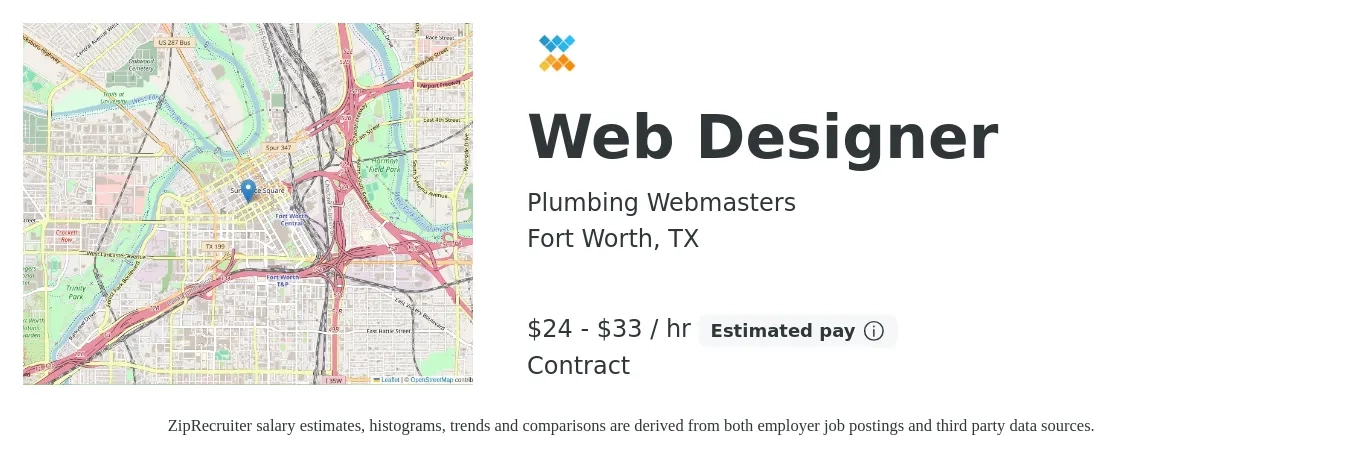 Plumbing Webmasters job posting for a Web Designer in Fort Worth, TX with a salary of $25 to $35 Hourly and benefits including pto with a map of Fort Worth location.