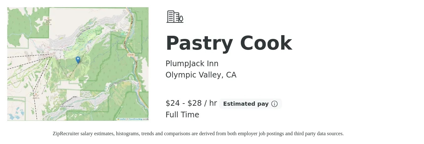 PlumpJack Inn job posting for a Pastry Cook in Olympic Valley, CA with a salary of $25 to $30 Hourly with a map of Olympic Valley location.
