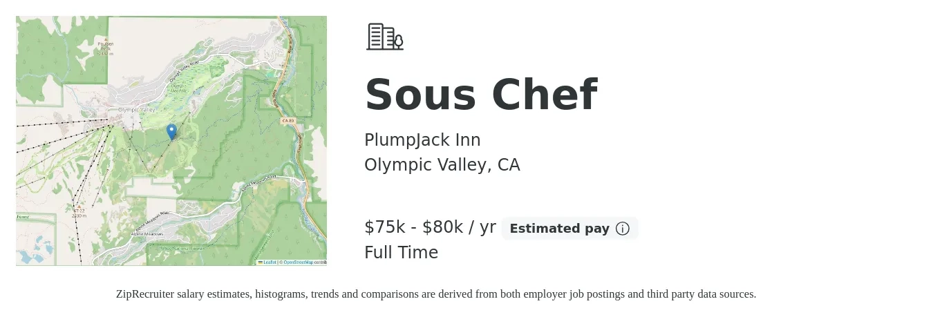 PlumpJack Inn job posting for a Sous Chef in Olympic Valley, CA with a salary of $75,000 to $80,000 Yearly with a map of Olympic Valley location.
