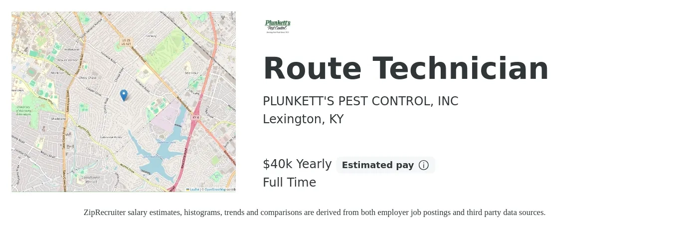 PLUNKETT'S PEST CONTROL, INC job posting for a Route Technician in Lexington, KY with a salary of $40,000 Yearly with a map of Lexington location.
