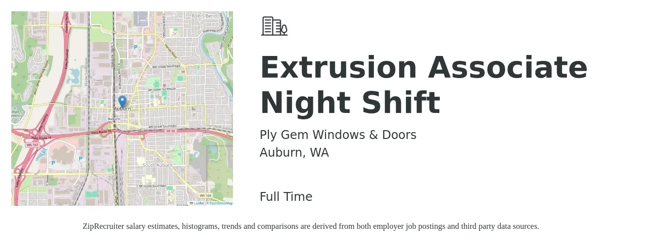 Ply Gem Windows & Doors job posting for a Extrusion Associate Night Shift in Auburn, WA with a salary of $22 Hourly with a map of Auburn location.