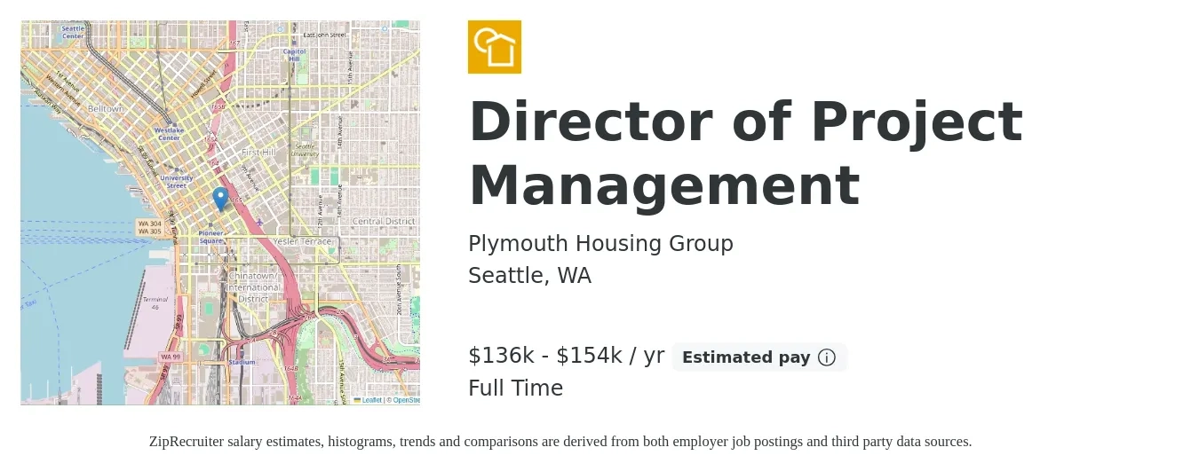 Plymouth Housing Group job posting for a Director of Project Management in Seattle, WA with a salary of $136,261 to $154,128 Yearly with a map of Seattle location.