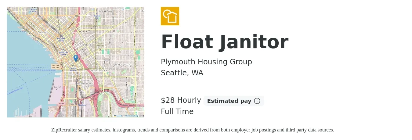Plymouth Housing Group job posting for a Float Janitor in Seattle, WA with a salary of $30 Hourly with a map of Seattle location.