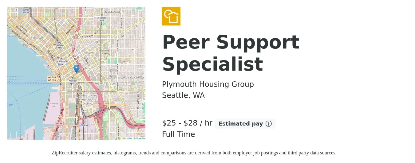 Plymouth Housing Group job posting for a Peer Support Specialist in Seattle, WA with a salary of $26 to $30 Hourly with a map of Seattle location.