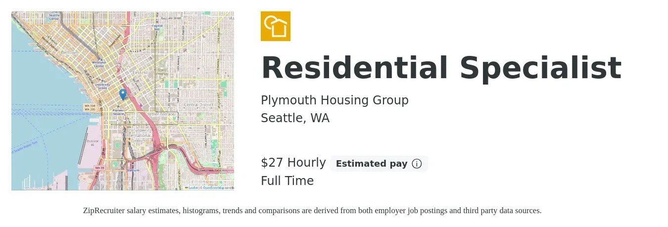 Plymouth Housing Group job posting for a Residential Specialist in Seattle, WA with a salary of $29 Hourly with a map of Seattle location.