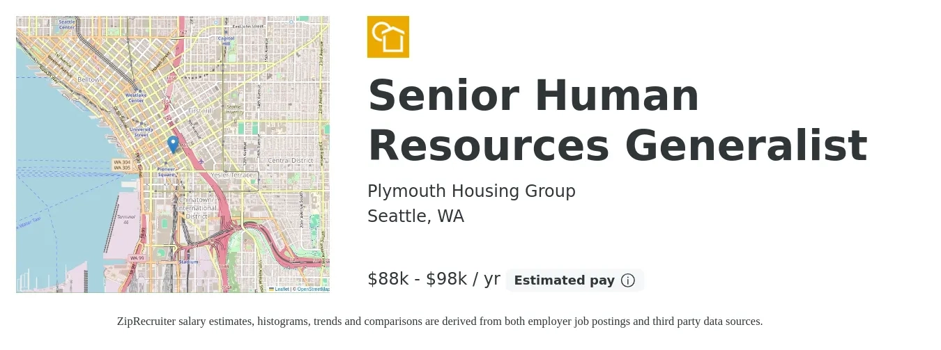 Plymouth Housing Group job posting for a Senior Human Resources Generalist in Seattle, WA with a salary of $88,400 to $98,700 Yearly with a map of Seattle location.