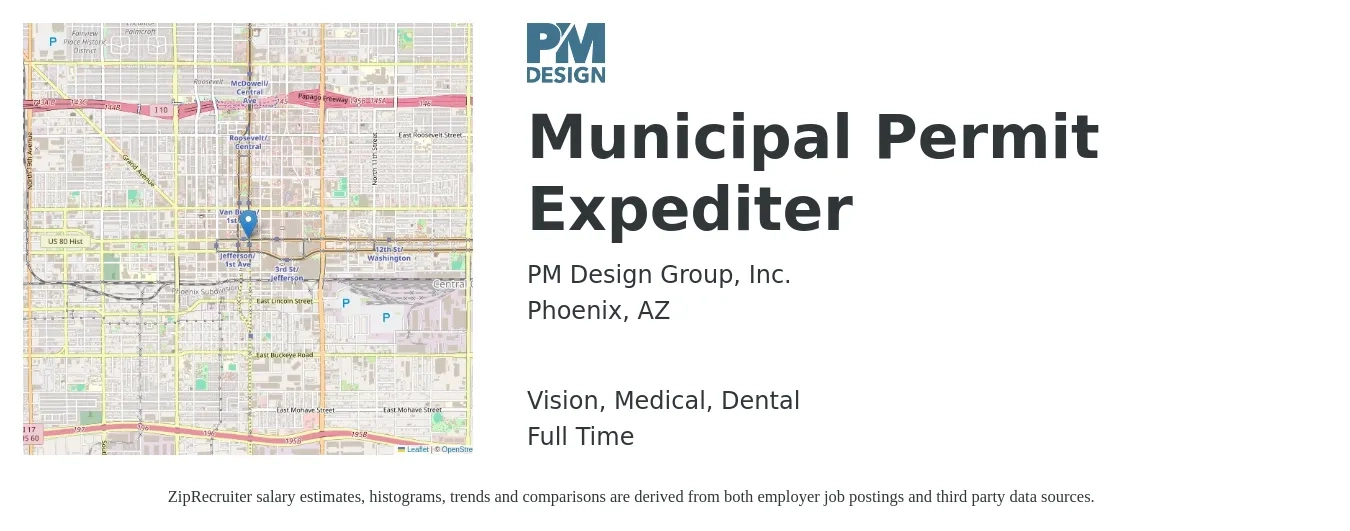 PM Design Group, Inc. job posting for a Municipal Permit Expediter in Phoenix, AZ with a salary of $14 to $20 Hourly and benefits including dental, life_insurance, medical, pto, retirement, and vision with a map of Phoenix location.