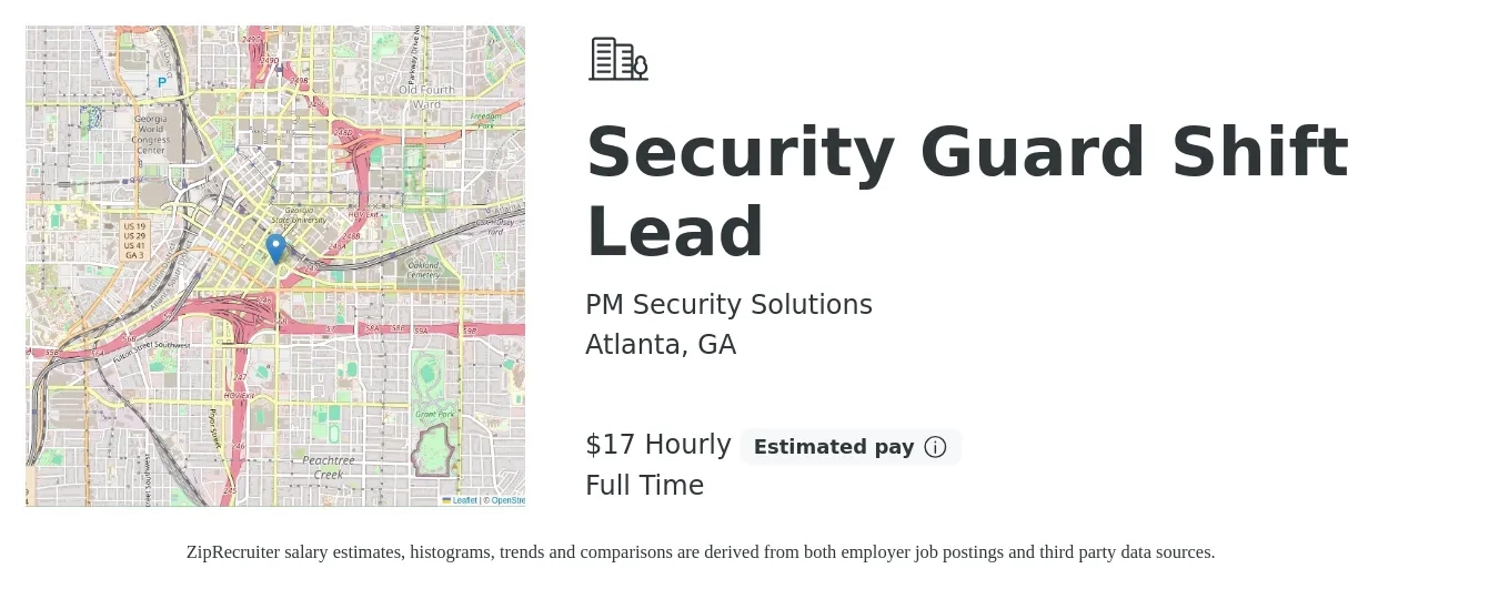 PM Security Solutions job posting for a Security Guard Shift Lead in Atlanta, GA with a salary of $18 Hourly with a map of Atlanta location.