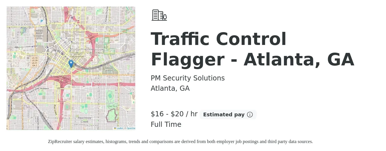 PM Security Solutions job posting for a Traffic Control Flagger - Atlanta, GA in Atlanta, GA with a salary of $17 to $21 Hourly with a map of Atlanta location.