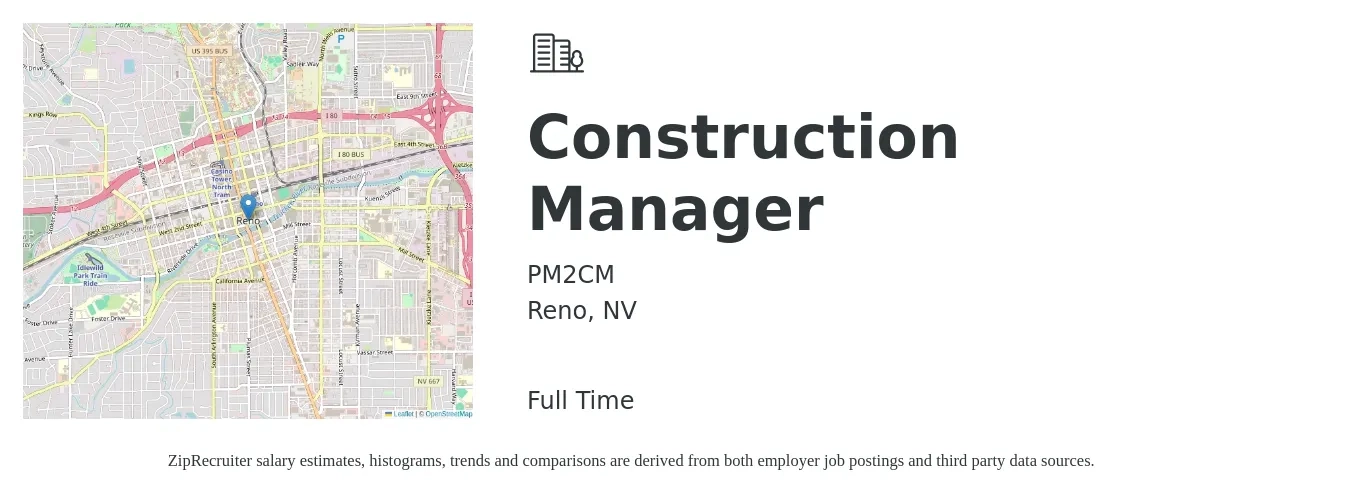 PM2CM job posting for a Construction Manager in Reno, NV with a salary of $70,800 to $115,200 Yearly with a map of Reno location.