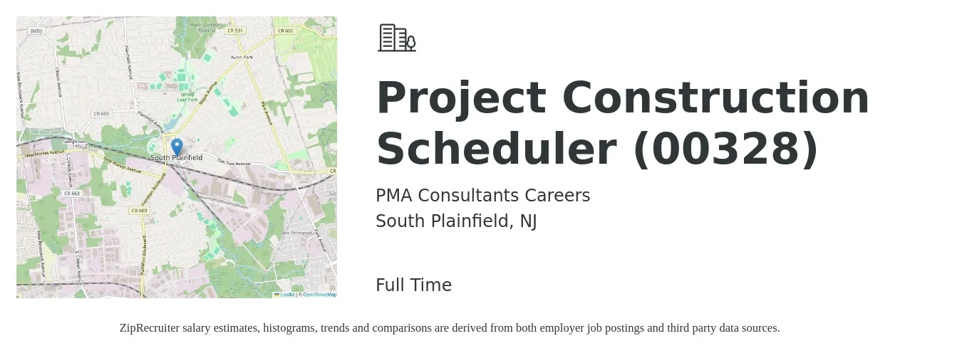 PMA Consultants Careers job posting for a Project Construction Scheduler (00328) in South Plainfield, NJ with a salary of $101,900 to $149,400 Yearly with a map of South Plainfield location.