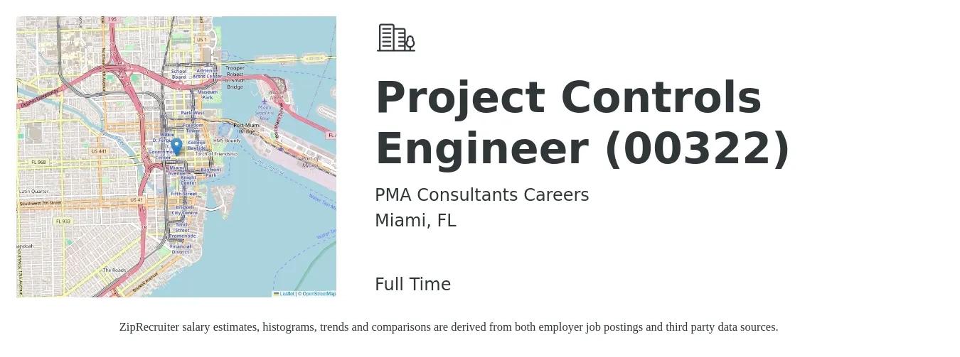 PMA Consultants Careers job posting for a Project Controls Engineer (00322) in Miami, FL with a salary of $83,200 to $123,400 Yearly with a map of Miami location.