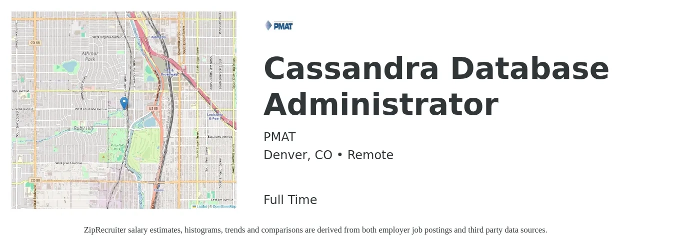 PMAT job posting for a Cassandra Database Administrator in Denver, CO with a salary of $41 to $63 Hourly with a map of Denver location.