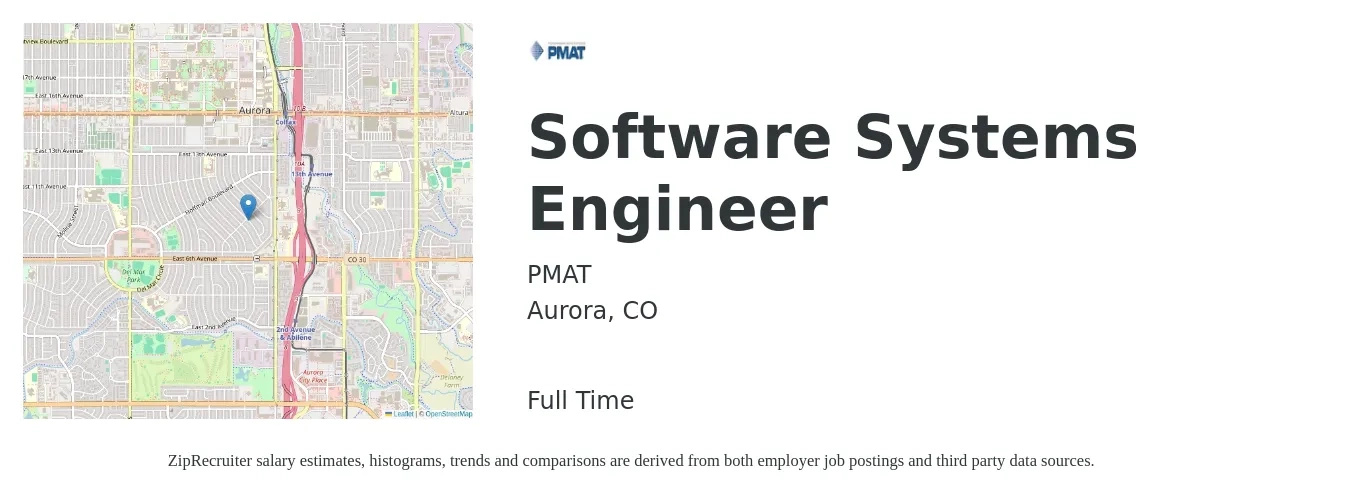 PMAT job posting for a Software Systems Engineer in Aurora, CO with a salary of $175,100 to $207,500 Yearly with a map of Aurora location.
