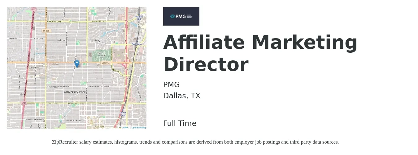 PMG job posting for a Affiliate Marketing Director in Dallas, TX with a salary of $65,300 to $98,400 Yearly with a map of Dallas location.
