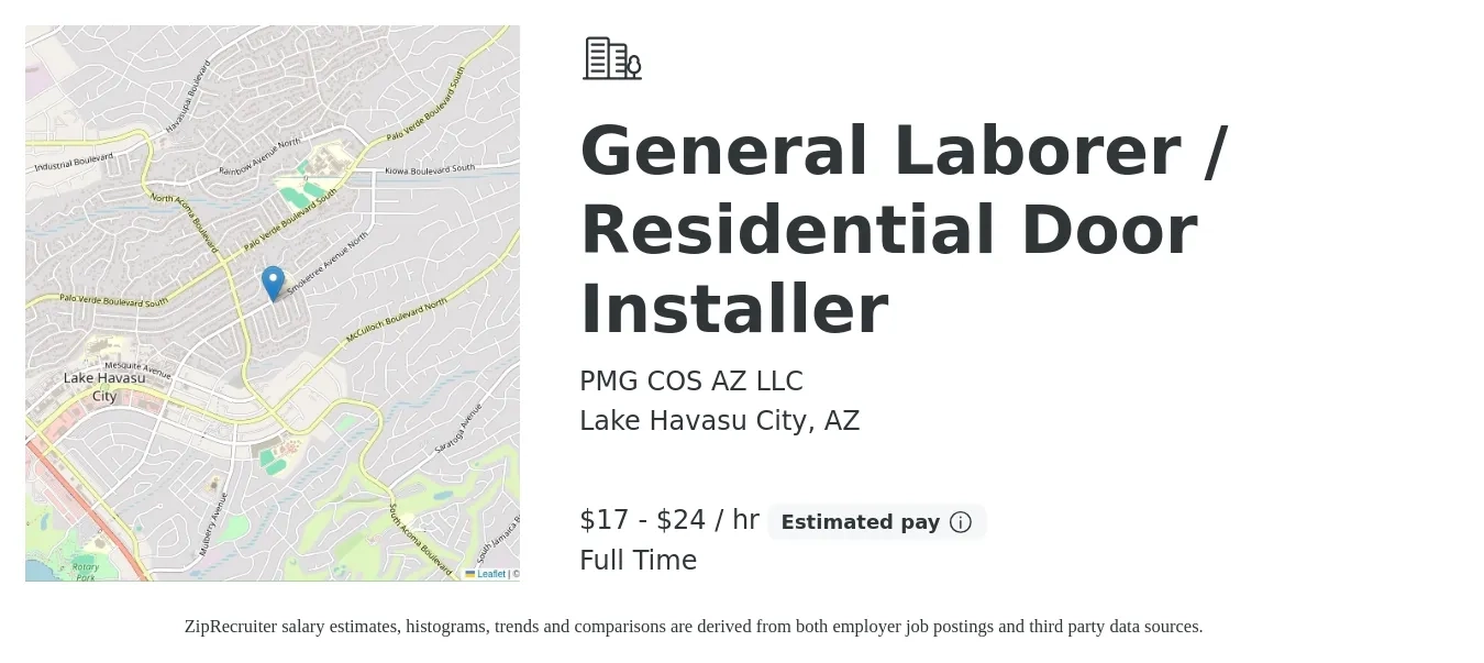 PMG COS AZ LLC job posting for a General Laborer / Residential Door Installer in Lake Havasu City, AZ with a salary of $18 to $25 Hourly with a map of Lake Havasu City location.