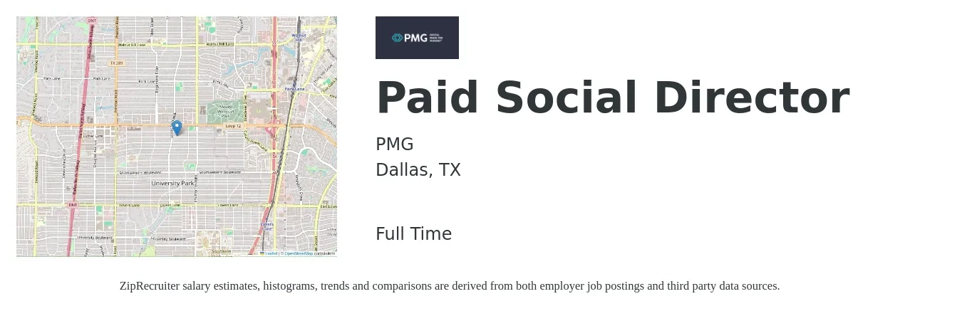 PMG job posting for a Paid Social Director in Dallas, TX with a salary of $70,200 to $115,200 Yearly with a map of Dallas location.