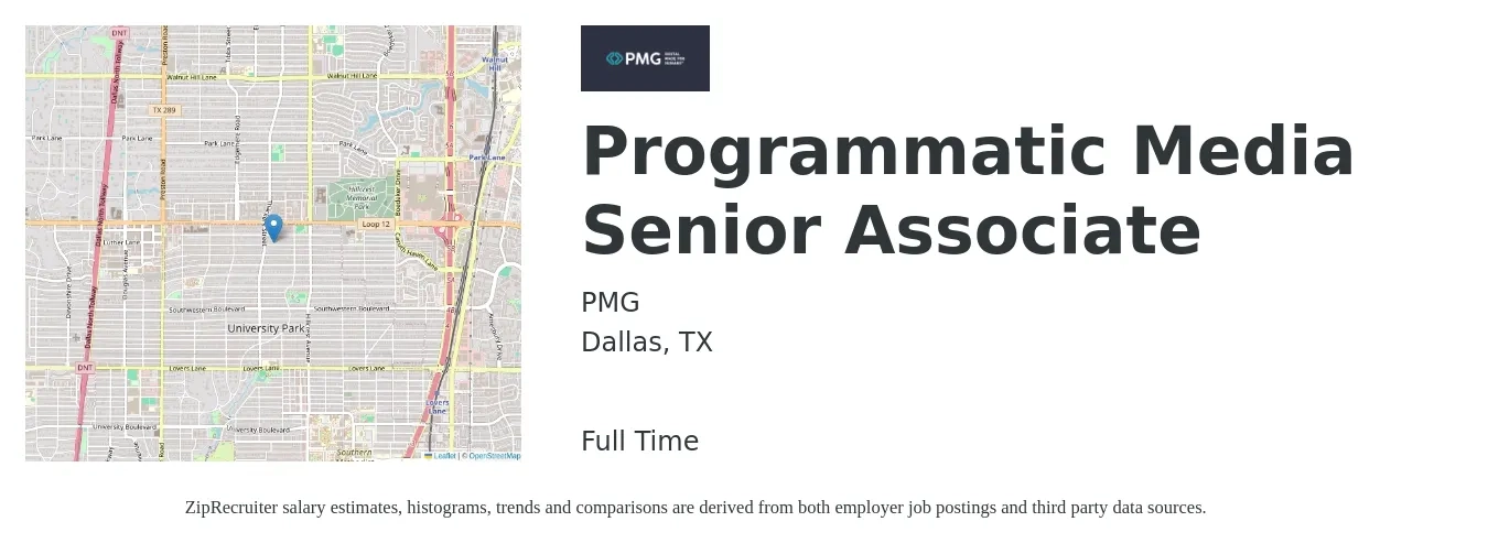 PMG job posting for a Programmatic Media Senior Associate in Dallas, TX with a salary of $44,000 to $94,000 Yearly with a map of Dallas location.