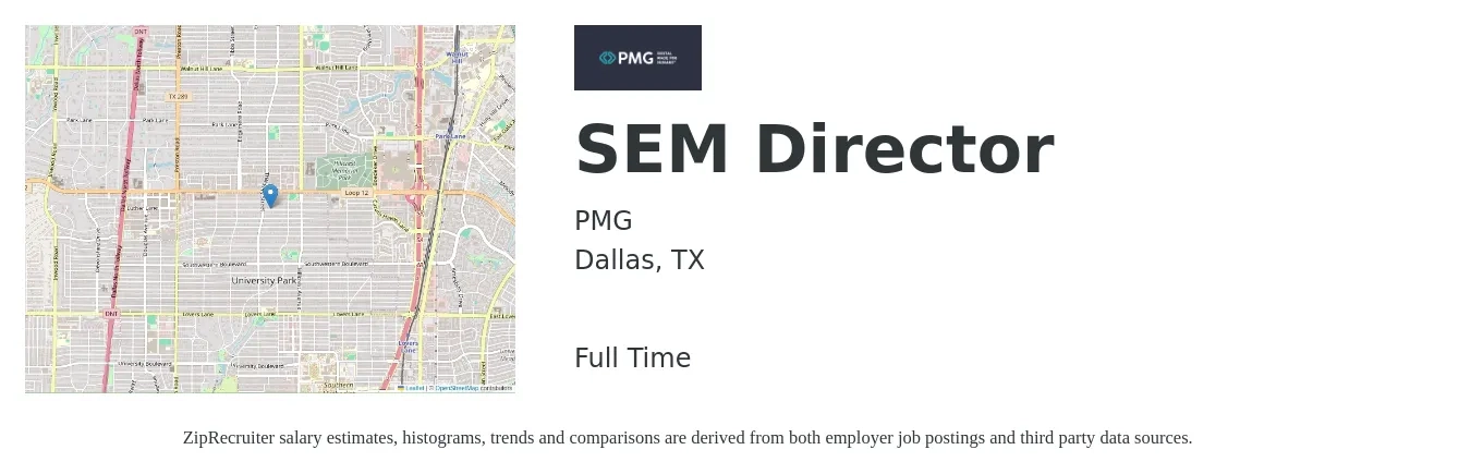 PMG job posting for a SEM Director in Dallas, TX with a salary of $118,700 to $128,600 Yearly with a map of Dallas location.