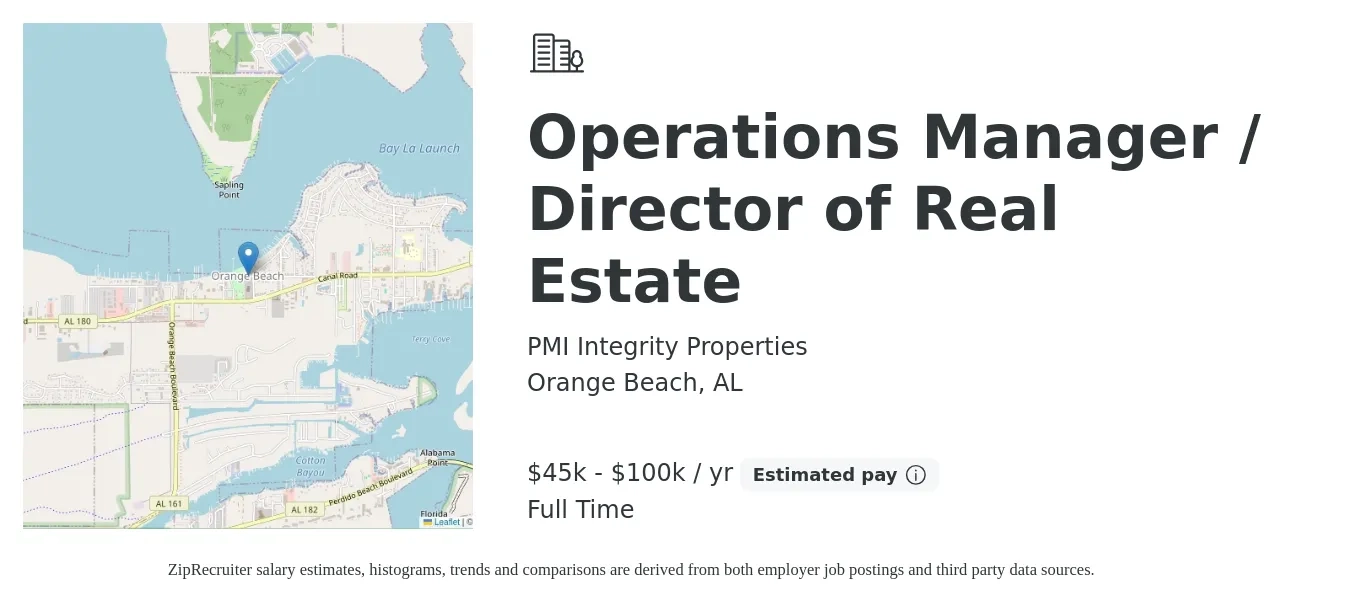 PMI Integrity Properties job posting for a Operations Manager / Director of Real Estate in Orange Beach, AL with a salary of $45,000 to $100,000 Yearly with a map of Orange Beach location.