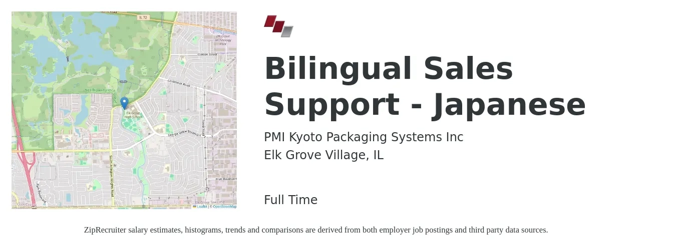 PMI Kyoto Packaging Systems Inc job posting for a Bilingual Sales Support - Japanese in Elk Grove Village, IL with a salary of $23 to $25 Hourly with a map of Elk Grove Village location.