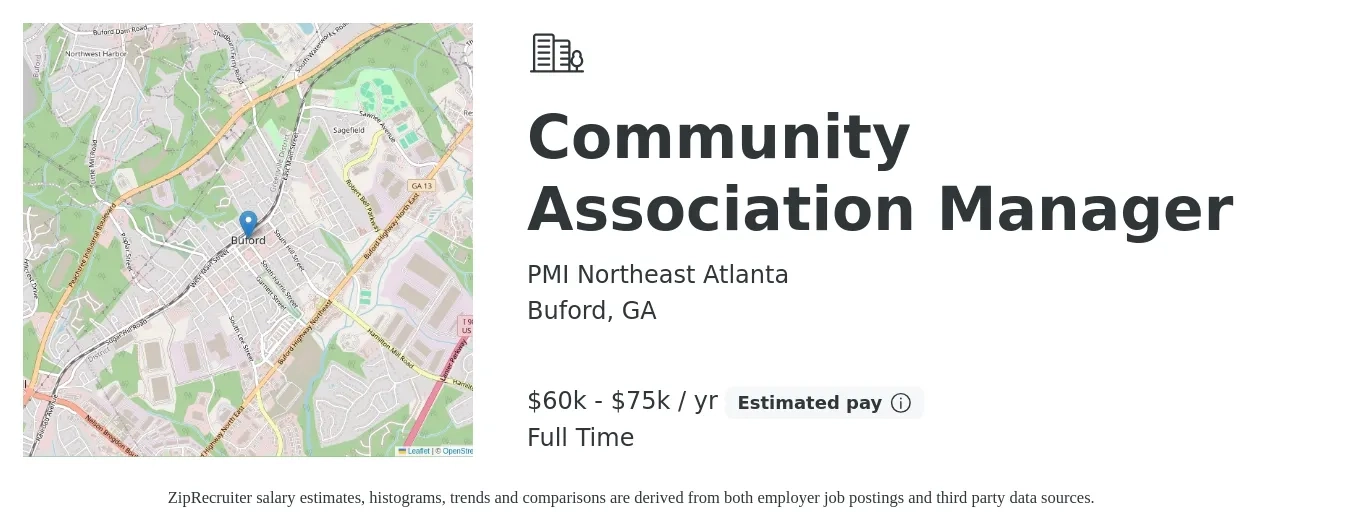 PMI Northeast Atlanta job posting for a Community Association Manager in Buford, GA with a salary of $60,000 to $75,000 Yearly with a map of Buford location.