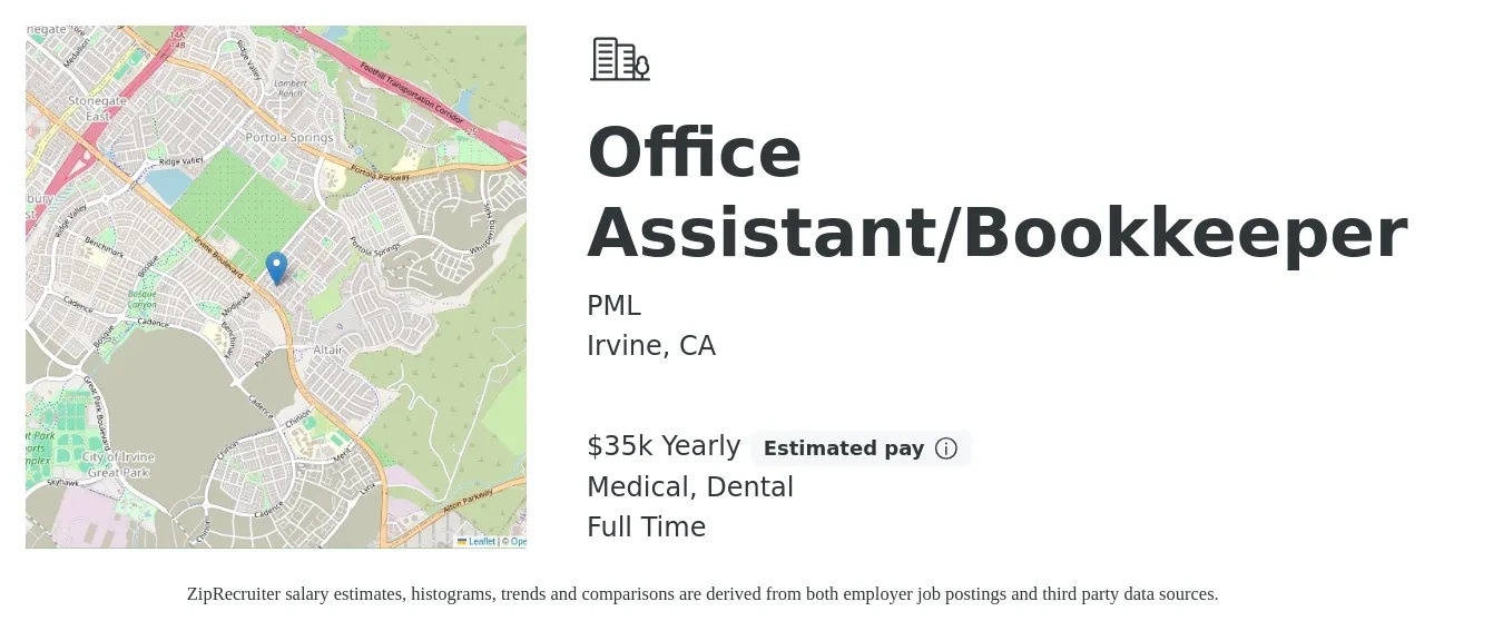 PML job posting for a Office Assistant/Bookkeeper in Irvine, CA with a salary of $35,000 to $35,958 Yearly and benefits including medical, pto, retirement, and dental with a map of Irvine location.