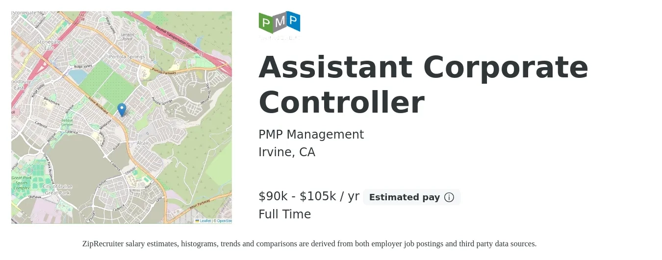 PMP Management job posting for a Assistant Corporate Controller in Irvine, CA with a salary of $90,000 to $105,000 Yearly with a map of Irvine location.