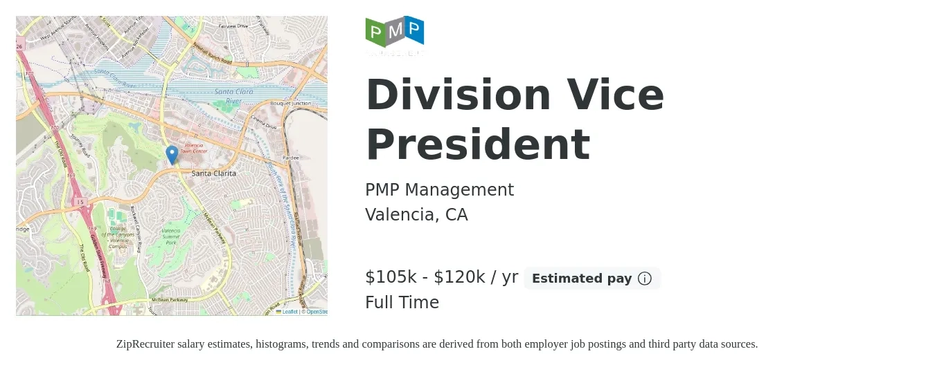 PMP Management job posting for a Division Vice President in Valencia, CA with a salary of $105,000 to $120,000 Yearly with a map of Valencia location.