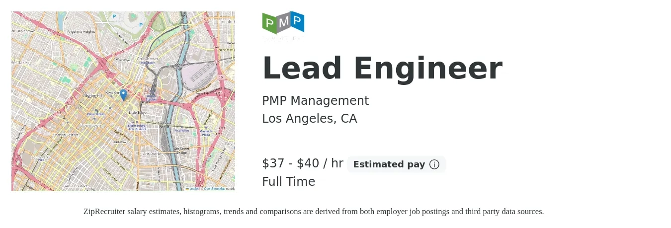 PMP Management job posting for a Lead Engineer in Los Angeles, CA with a salary of $39 to $42 Hourly with a map of Los Angeles location.