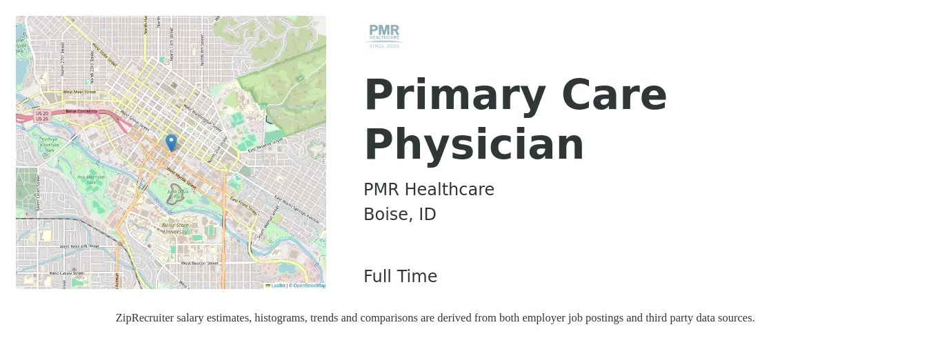 PMR Healthcare job posting for a Primary Care Physician in Boise, ID with a salary of $180,800 to $232,700 Yearly with a map of Boise location.
