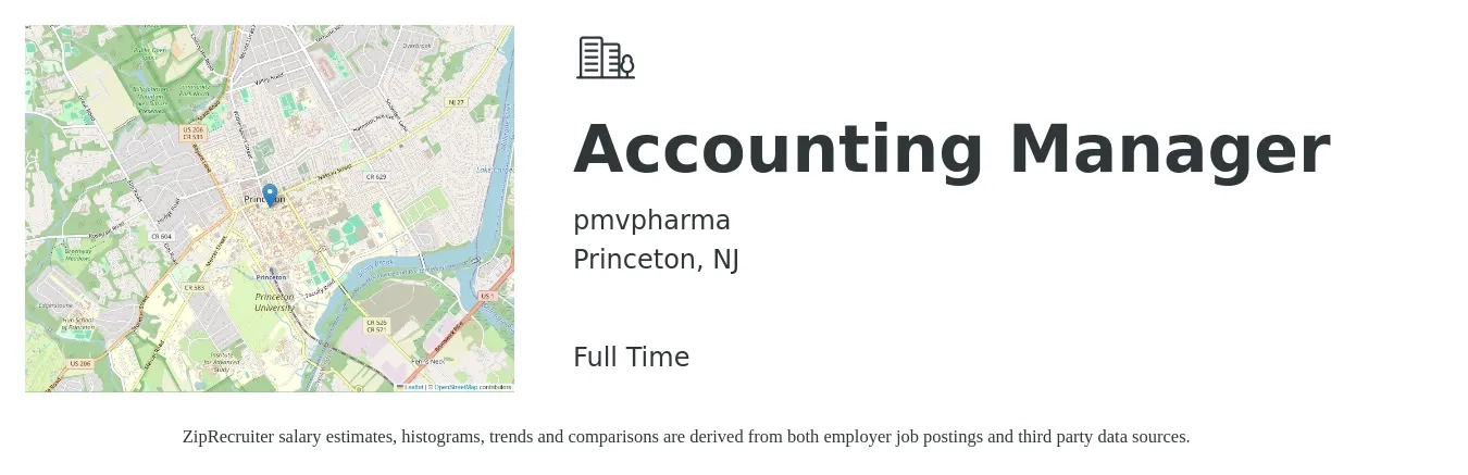 pmvpharma job posting for a Accounting Manager in Princeton, NJ with a salary of $110,000 to $135,000 Yearly with a map of Princeton location.