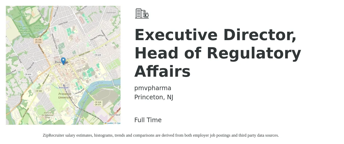 pmvpharma job posting for a Executive Director, Head of Regulatory Affairs in Princeton, NJ with a salary of $158,600 to $209,400 Yearly with a map of Princeton location.