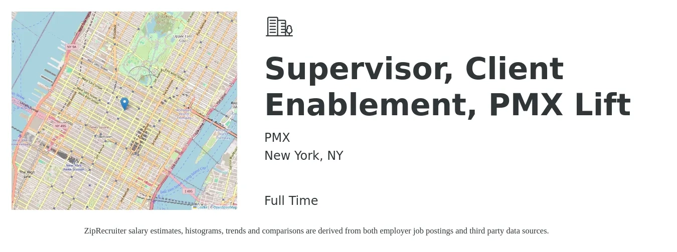 PMX job posting for a Supervisor, Client Enablement, PMX Lift in New York, NY with a salary of $58,500 to $88,000 Yearly with a map of New York location.