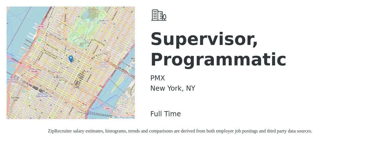 PMX job posting for a Supervisor, Programmatic in New York, NY with a salary of $70,000 to $110,000 Yearly with a map of New York location.