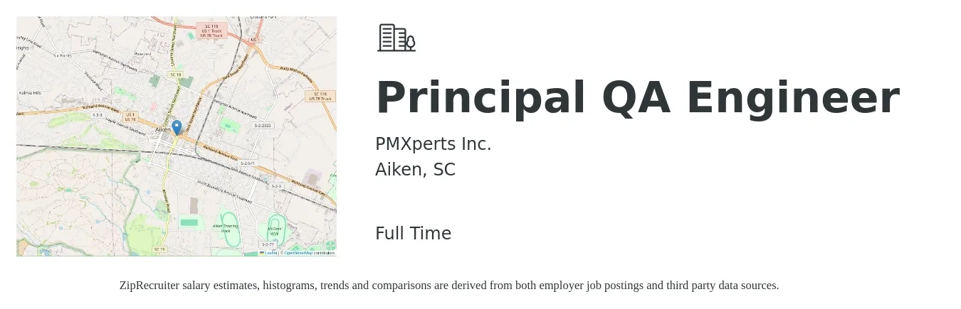 PMXperts Inc. job posting for a Principal QA Engineer in Aiken, SC with a salary of $87,300 to $127,700 Yearly with a map of Aiken location.