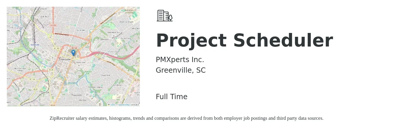 PMXperts Inc. job posting for a Project Scheduler in Greenville, SC with a salary of $91,700 to $134,500 Yearly with a map of Greenville location.